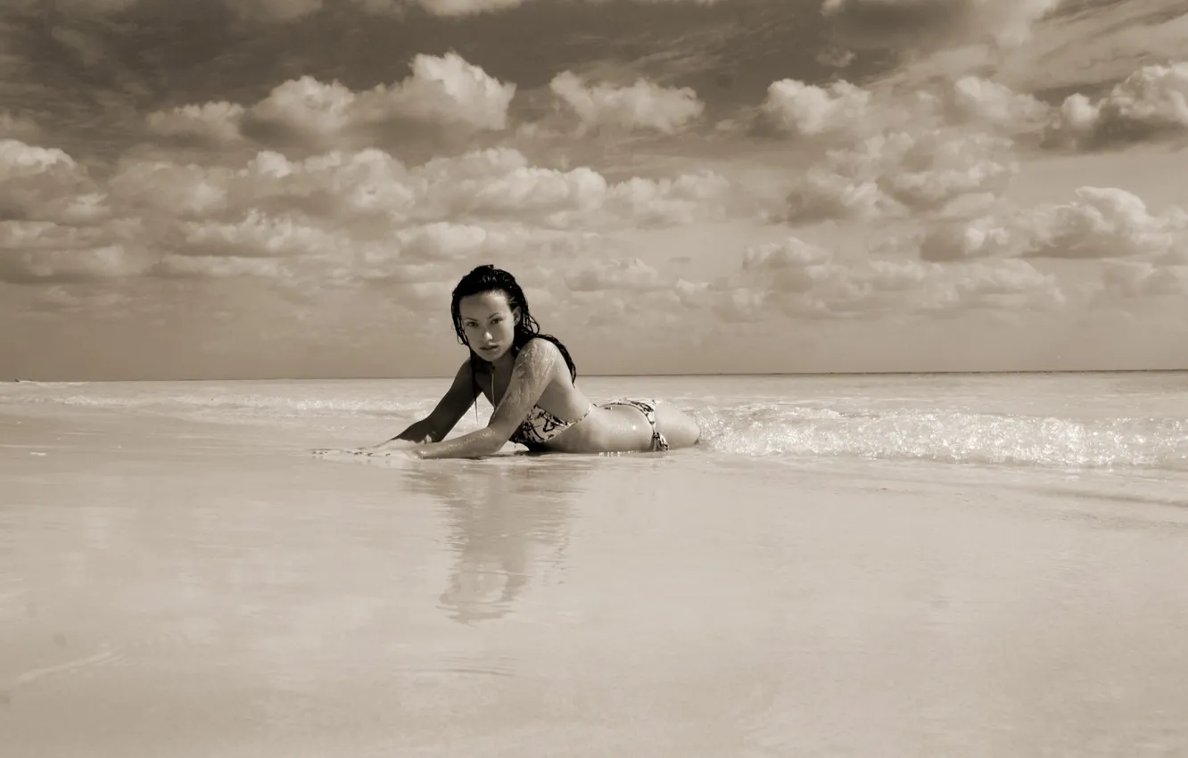 Photo wallpaper sand, beach, the sky, clouds, the ocean, Olivia Wilde, lyapota, Olivia Wilde