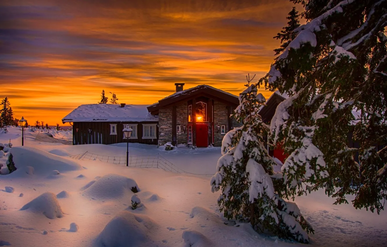 Photo wallpaper winter, the sky, snow, landscape, nature, home, house, white