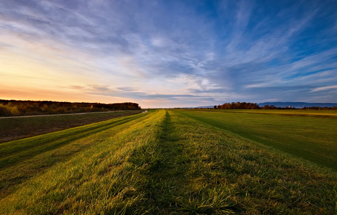 Photo wallpaper field, the sky, grass, clouds, landscape, sunset, nature, the evening