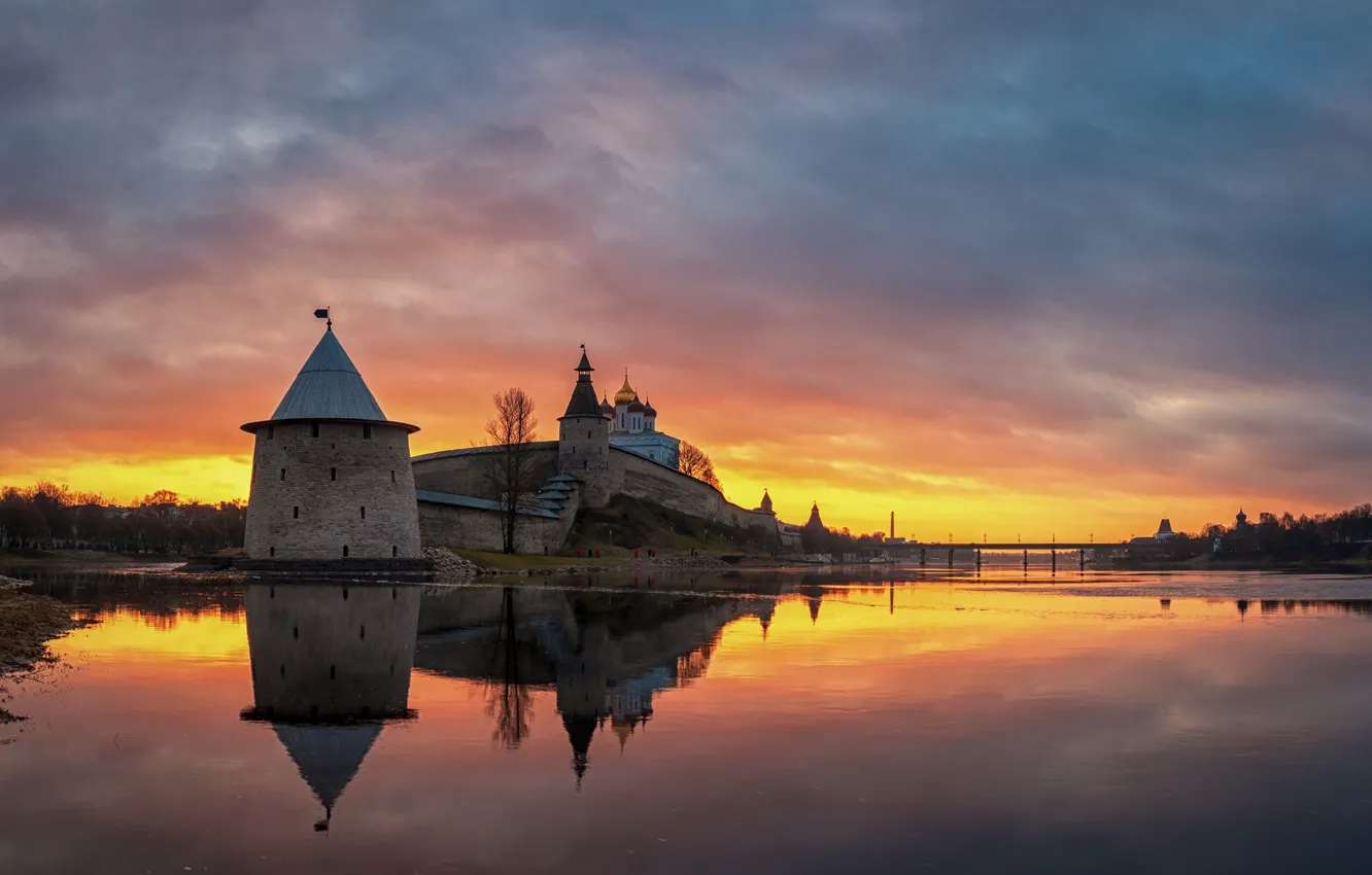 Photo wallpaper the sky, clouds, sunset, lake, reflection, view, tower, the evening