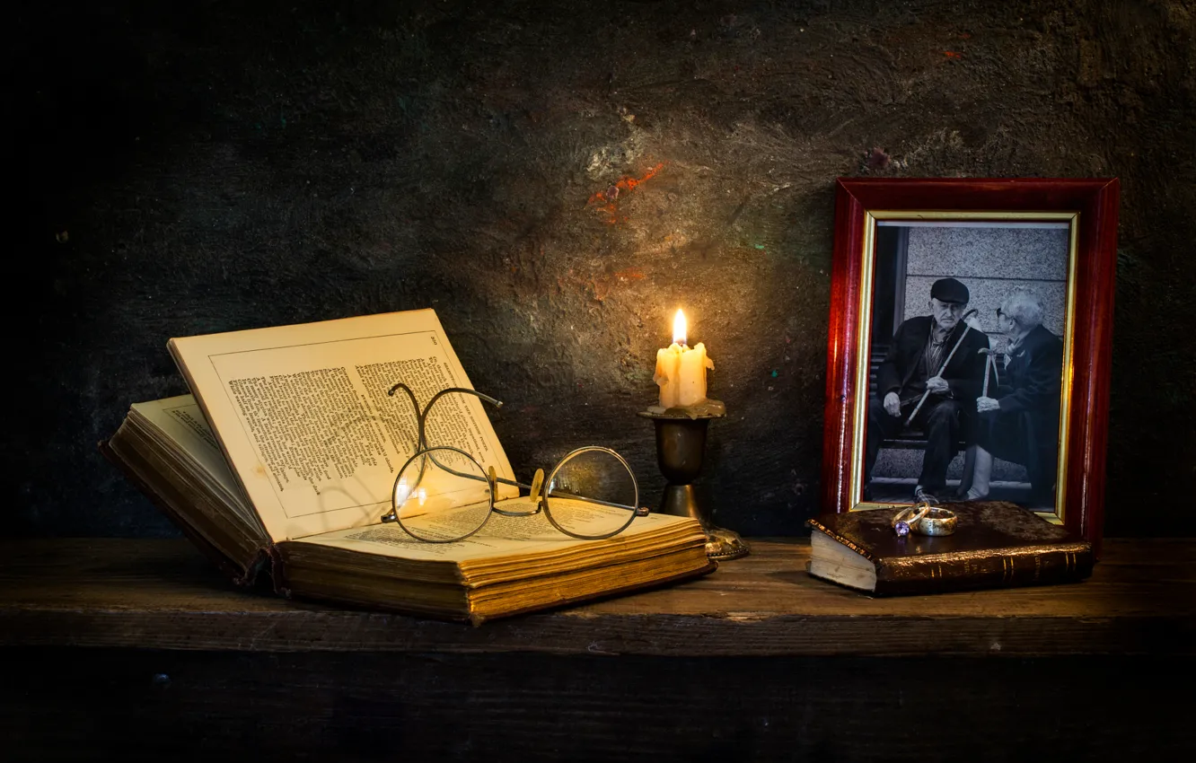 Photo wallpaper photo, candle, ring, glasses, book, notebook, Remembrance
