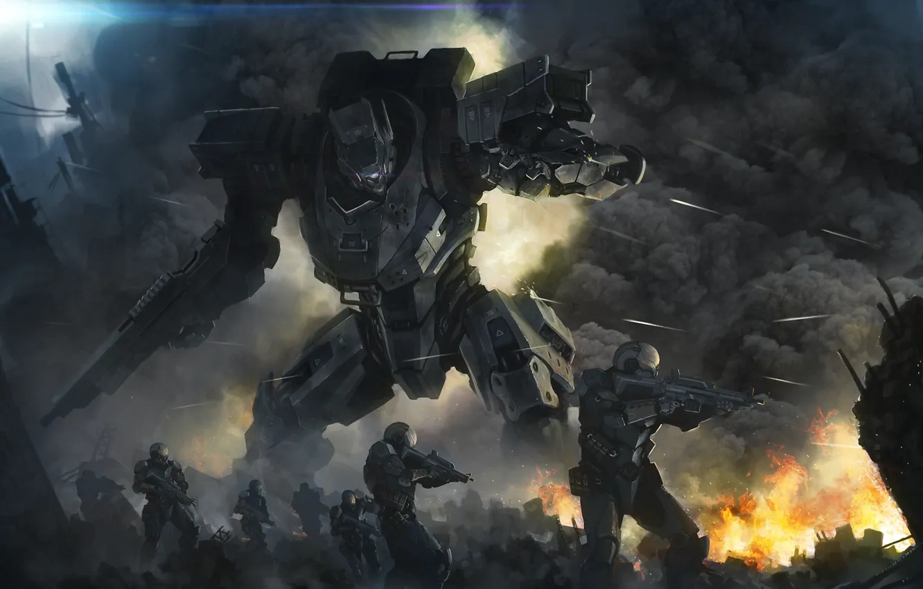 Photo wallpaper lights, weapons, smoke, robot, shooting, the battle