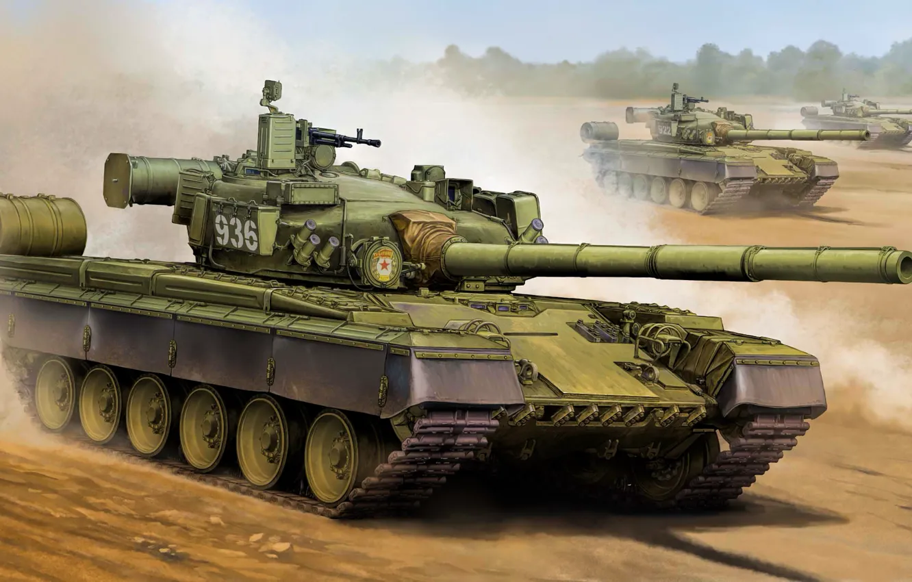 Photo wallpaper weapon, war, art, painting, tank, T-80