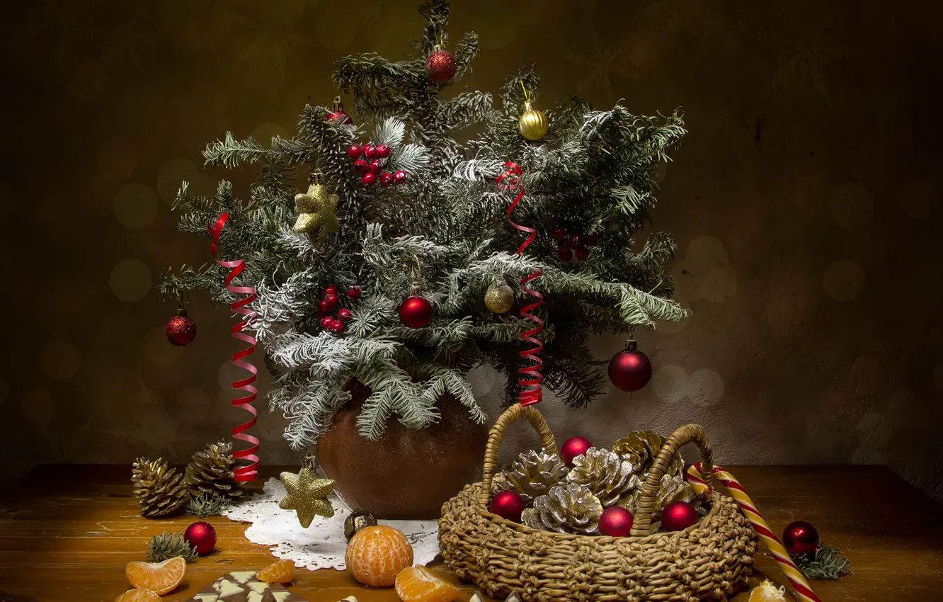 Photo wallpaper decoration, branches, holiday, new year, spruce, fruit, still life, basket