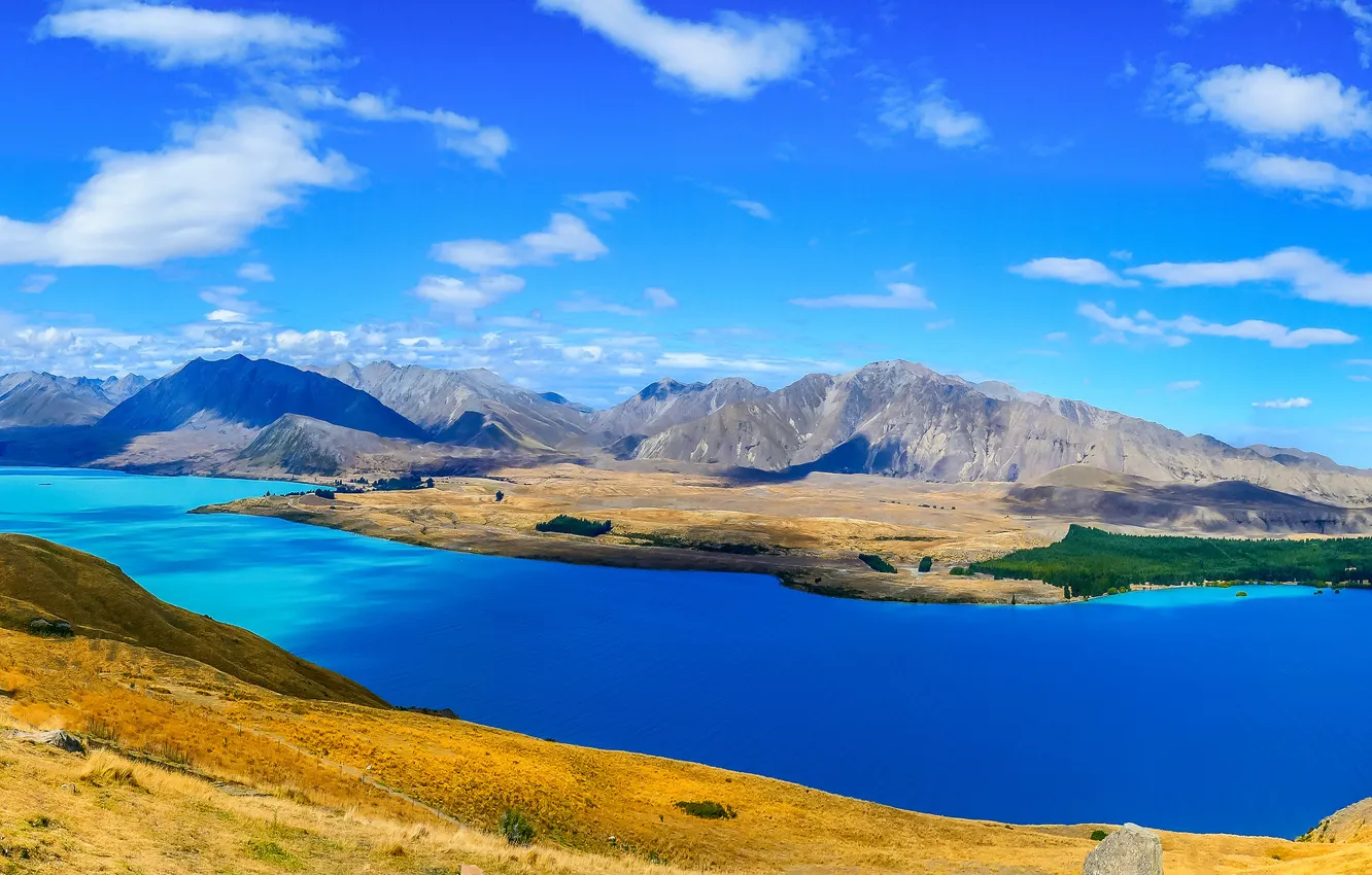 Photo wallpaper clouds, mountains, blue, shore, pond
