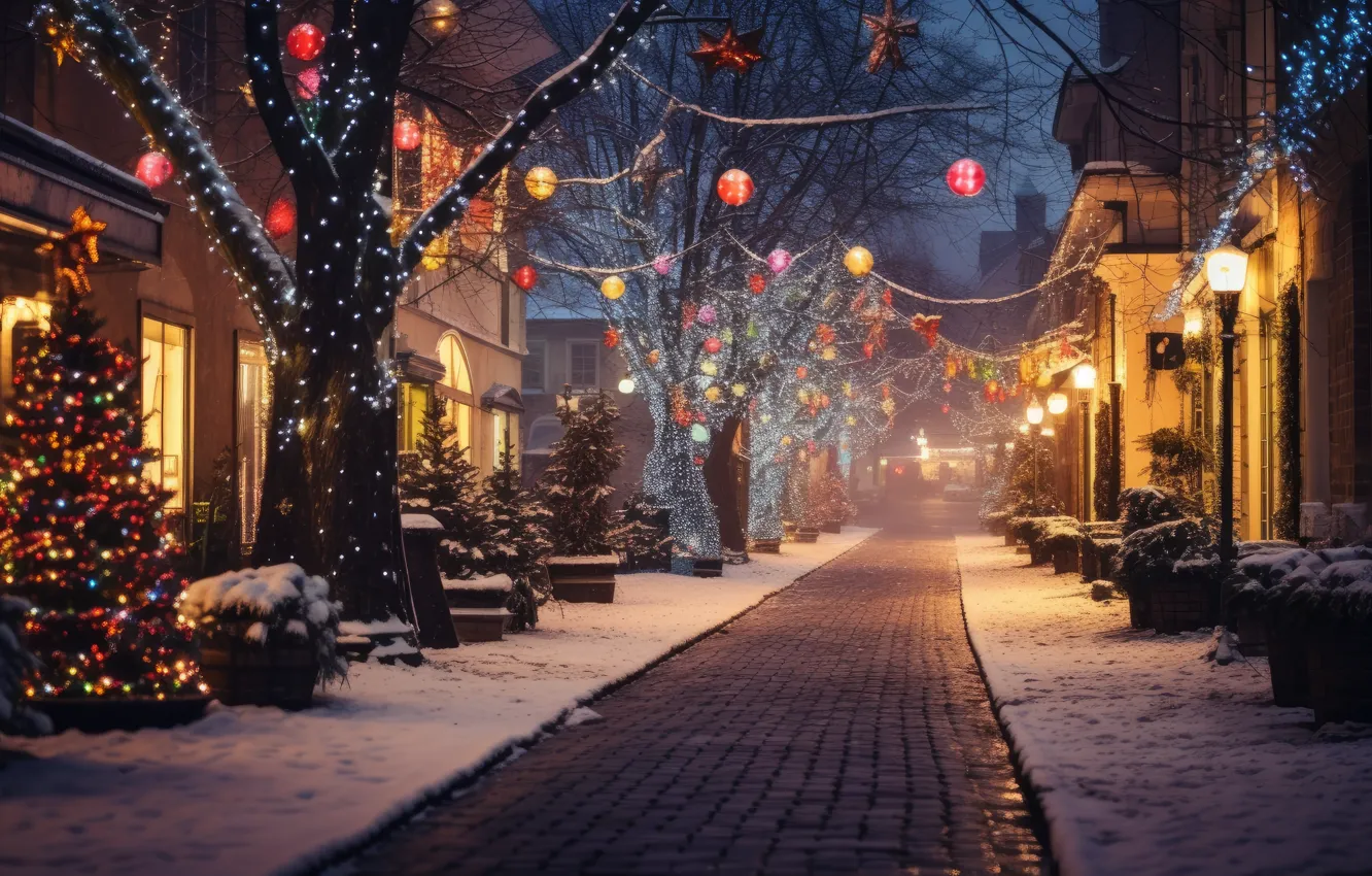 Photo wallpaper winter, snow, decoration, night, the city, lights, street, tree