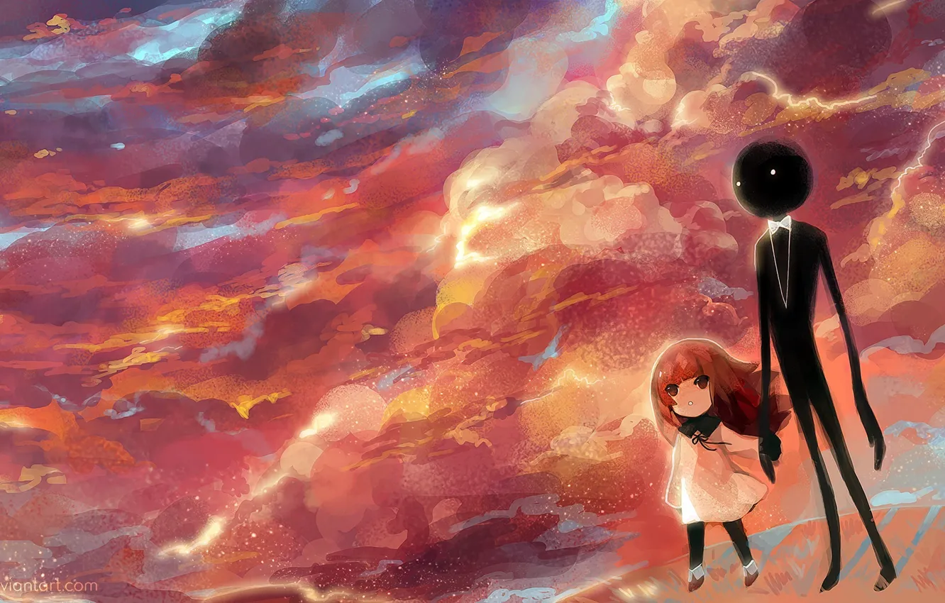 Photo wallpaper the sky, clouds, sunset, butterfly, shadow, anime, art, girl