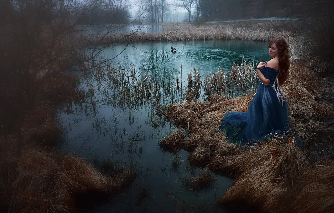 Photo wallpaper girl, birds, lake