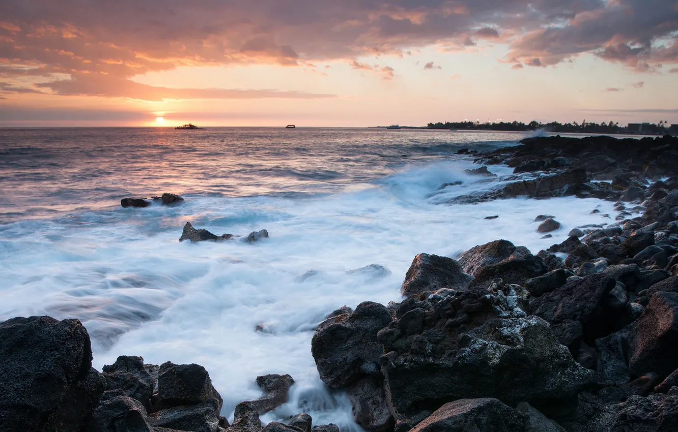 Photo wallpaper sea, wave, foam, clouds, sunset, stones, ship