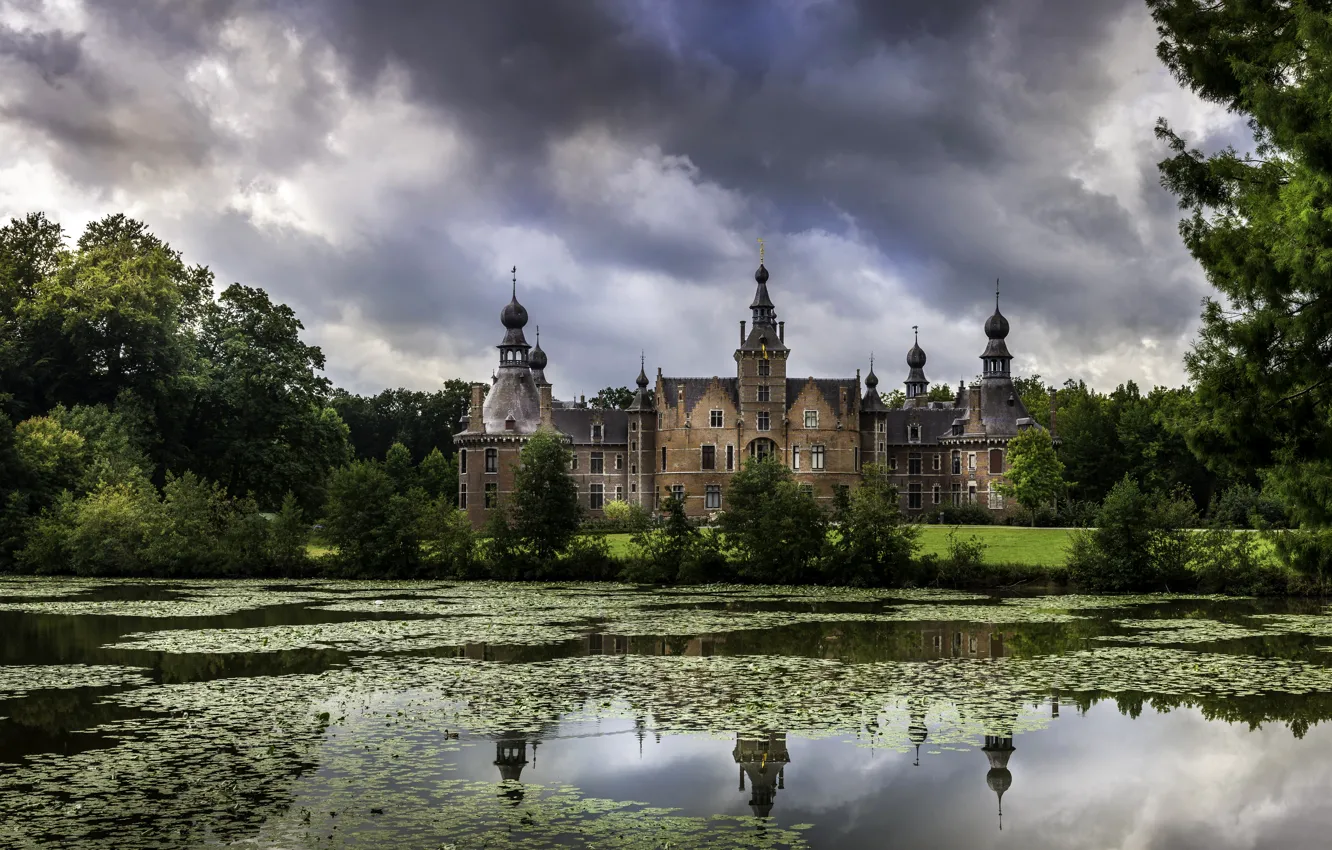 Photo wallpaper trees, clouds, pond, Park, castle, Belgium, Ooidonk Castle