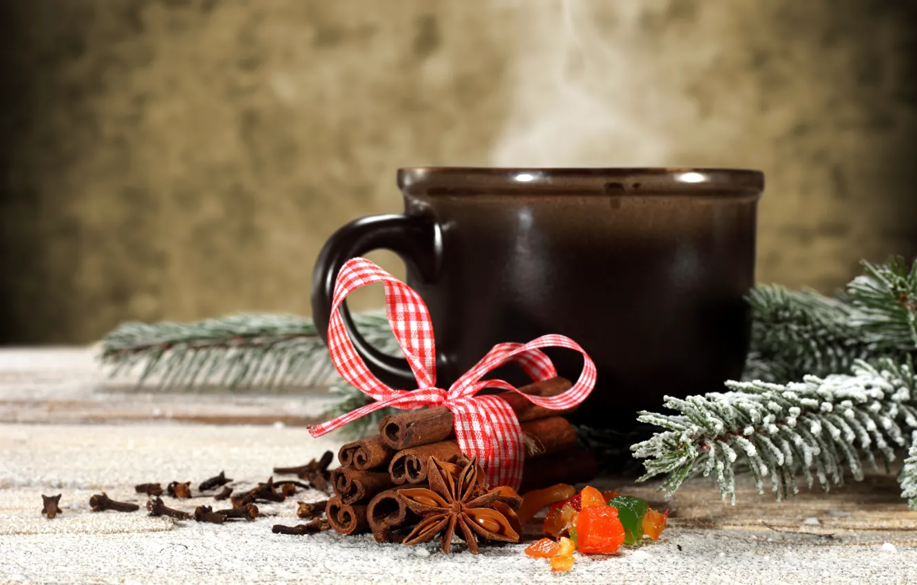 Photo wallpaper winter, snow, branches, holiday, spruce, sticks, Cup, cinnamon