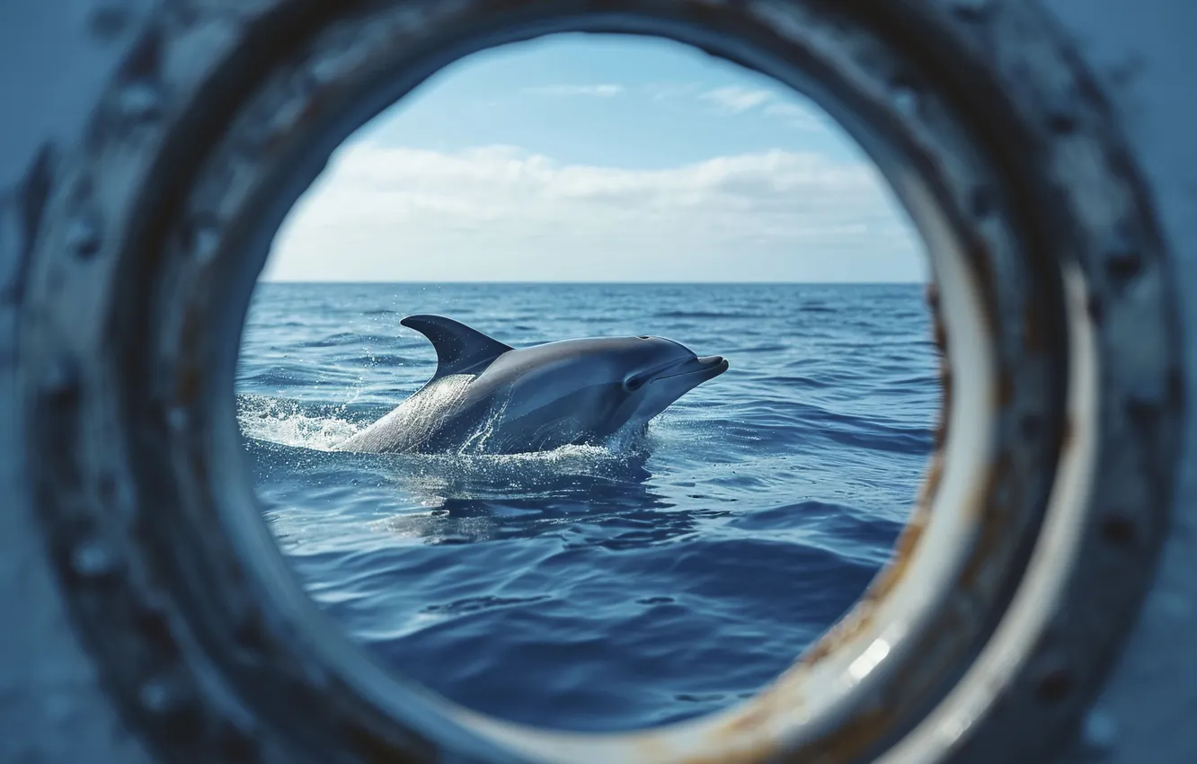 Photo wallpaper sea, dolphins, the window, digital art, AI art, The Art of Artificial Intelligence, neural network