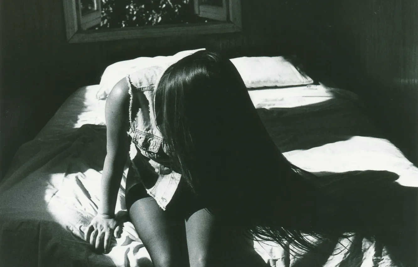 Photo wallpaper girl, hair, black and white, sitting