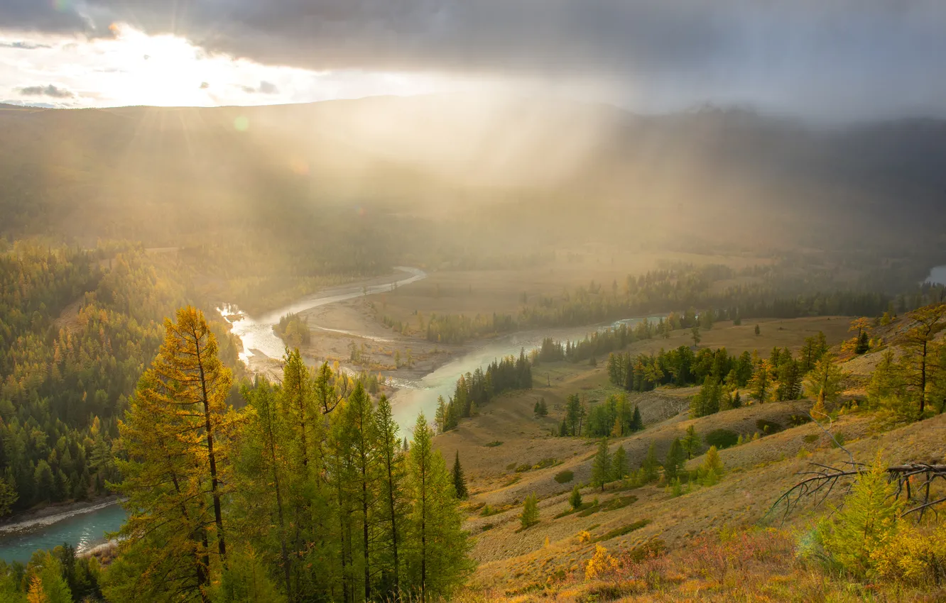 Photo wallpaper trees, mountains, river, morning, rays of light, the sun's rays, Rustem Dikov
