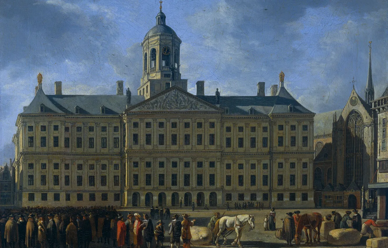 Photo wallpaper oil, picture, canvas, the urban landscape, 1672, Gerrit Adriaenszoon Berckheyde, Gerrit Adriaenszoon Berckheyde, Town hall …