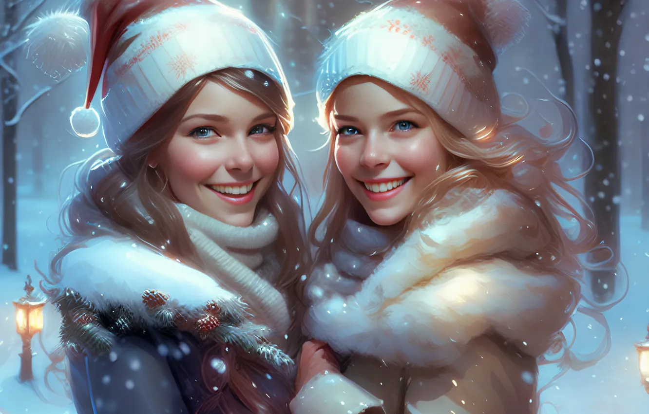 Photo wallpaper winter, forest, girl, light, snow, trees, joy, nature