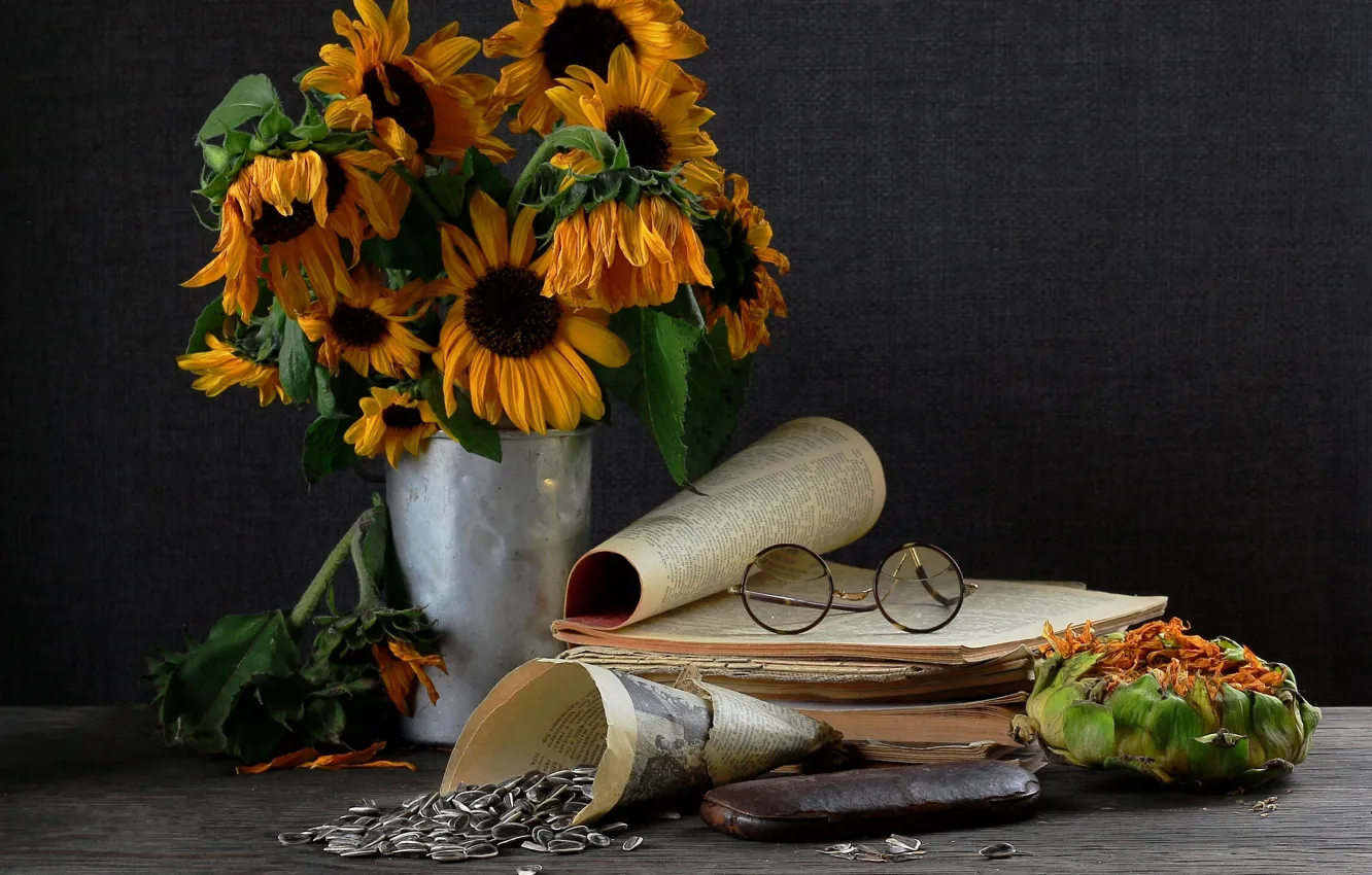 Photo wallpaper yellow, flowers, table, seeds, bouquet, paper, still life, sunflowers