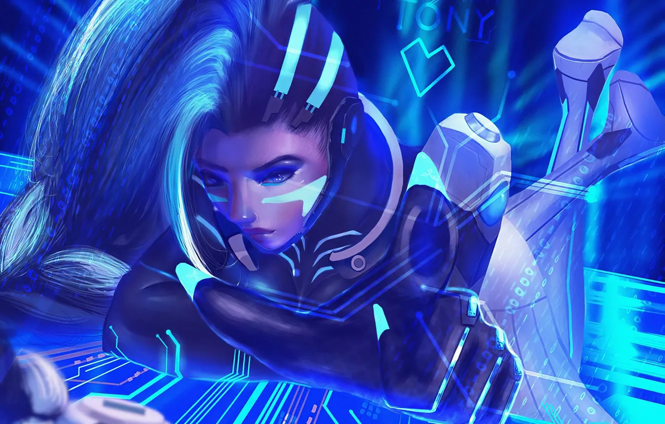 Photo wallpaper girl, lies, blue color, Overwatch, Sombra