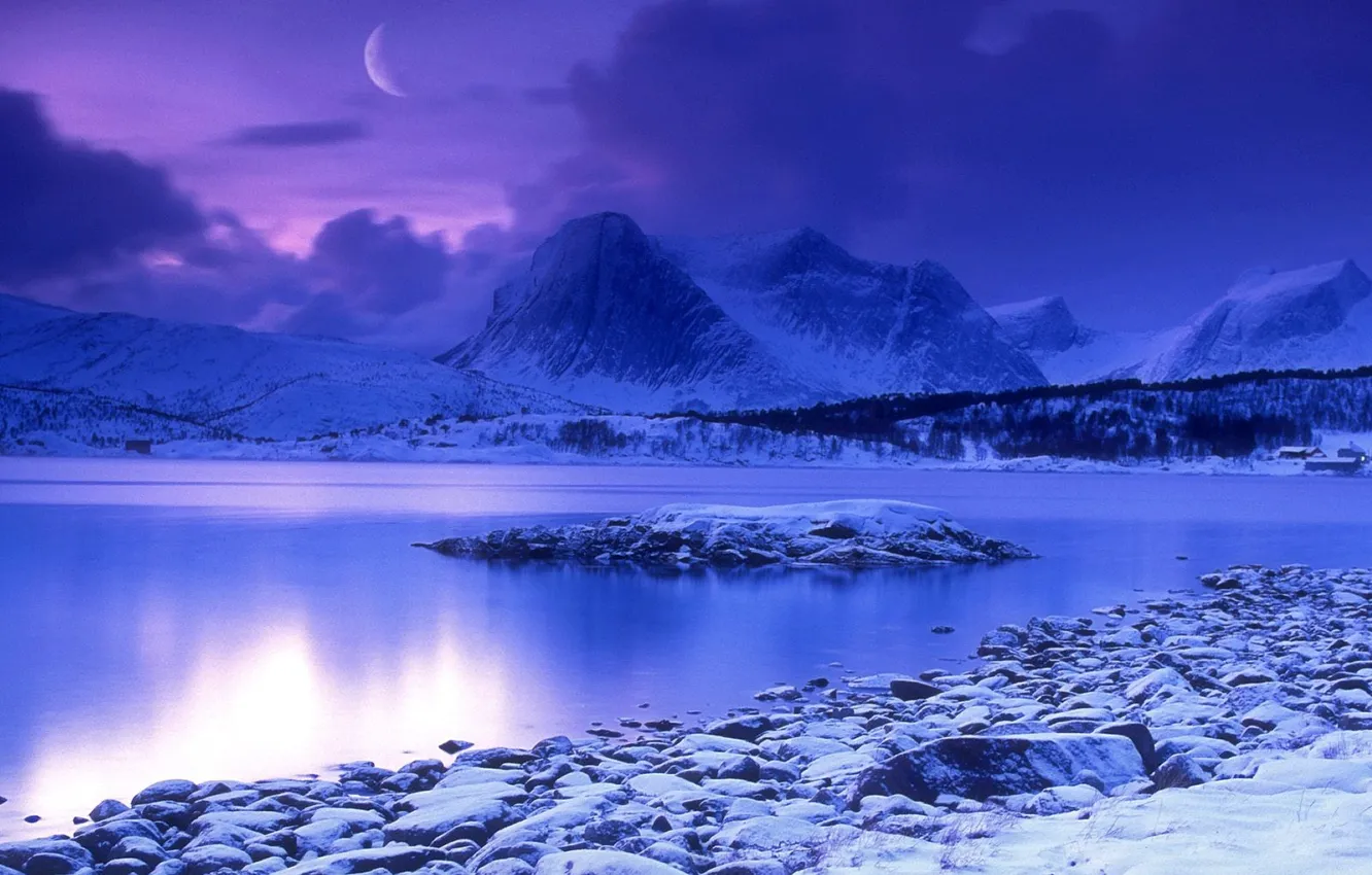 Photo wallpaper winter, water, snow, mountains, blue, the moon