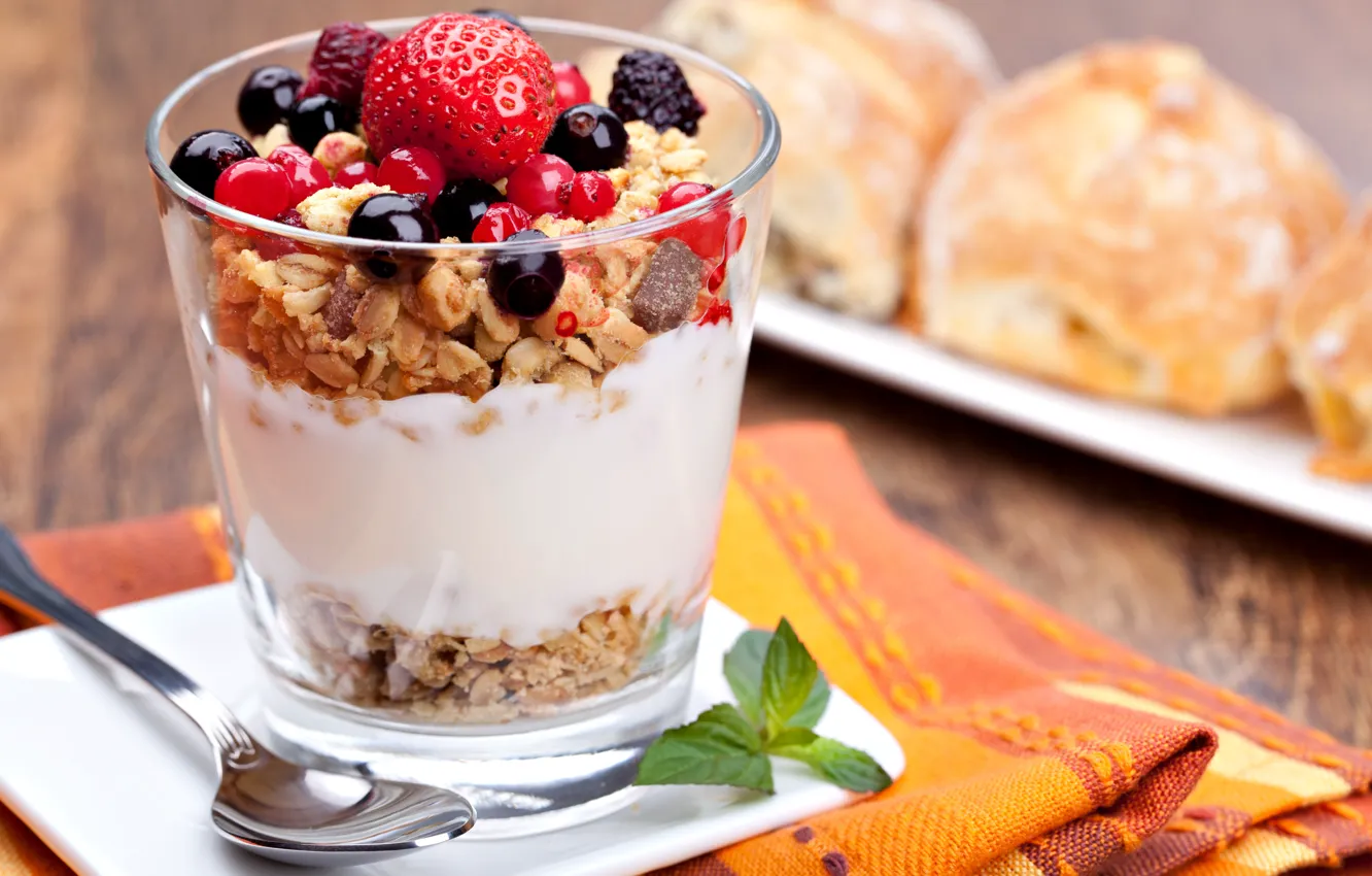 Photo wallpaper Breakfast, strawberry, mint, currants, cereal, yogurt