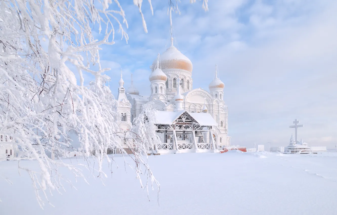 Photo wallpaper winter, snow, landscape, nature, tree, temple, Russia, Perm Krai