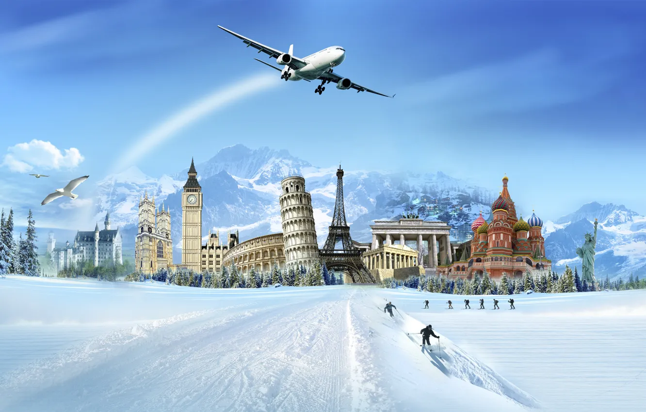 Photo wallpaper mountains, building, statue, skiers, the plane, Pisa, Sabor, Winter.snow