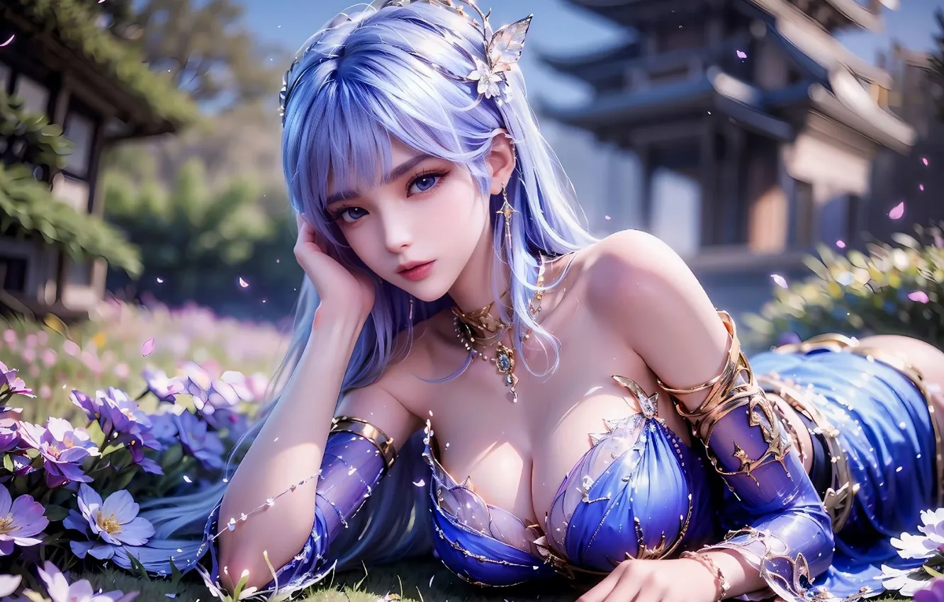 Photo wallpaper neckline, Asian, white hair, bust, blue hair, lying, digital art, digital art