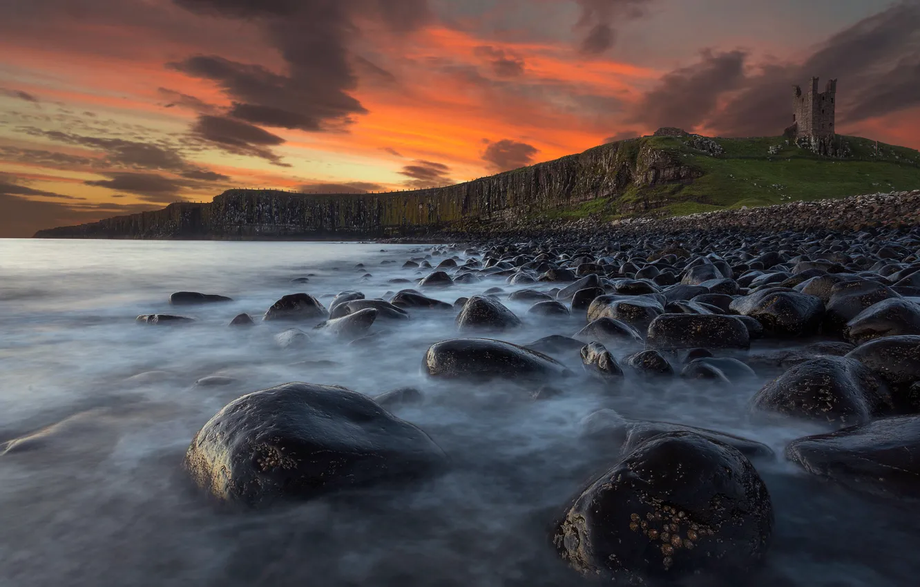Photo wallpaper sea, the sky, sunset, stones, England, Northumberland, Castle Dunstanburgh