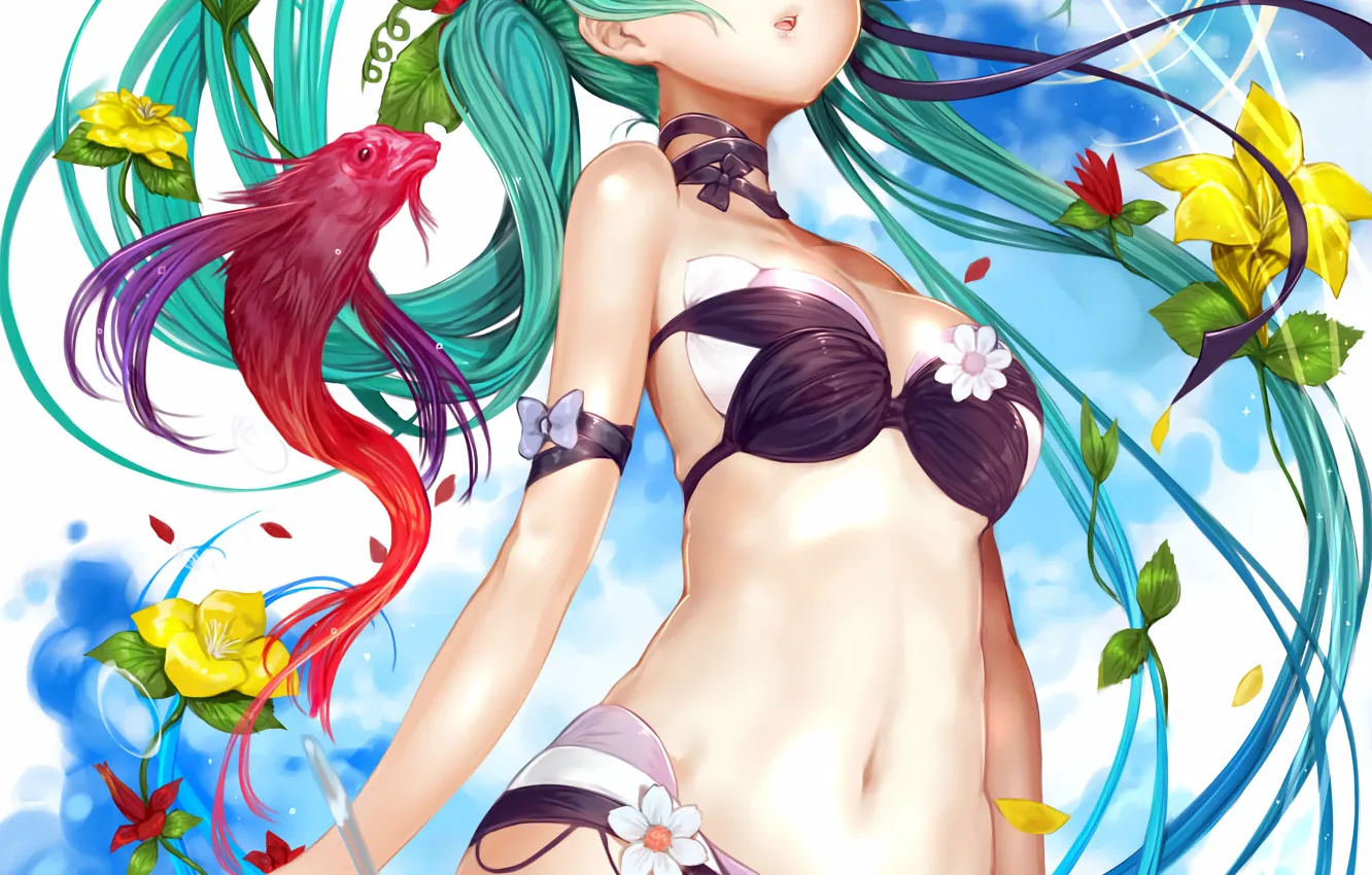 Photo wallpaper girl, sexy, vocaloid, hatsune miku, cleavage, green eyes, long hair, boobs