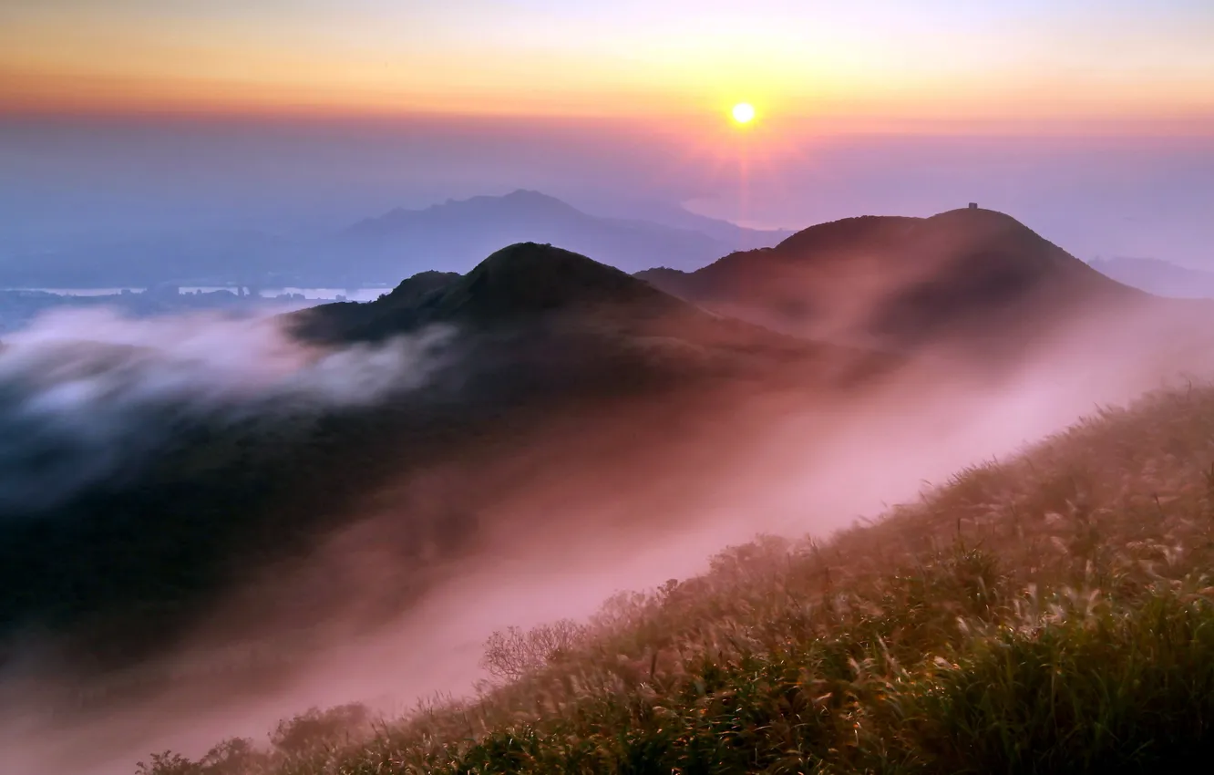Photo wallpaper landscape, sunset, mountains, fog