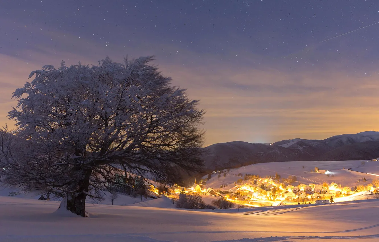 Photo wallpaper winter, the sky, stars, snow, mountains, lights, Germany, village