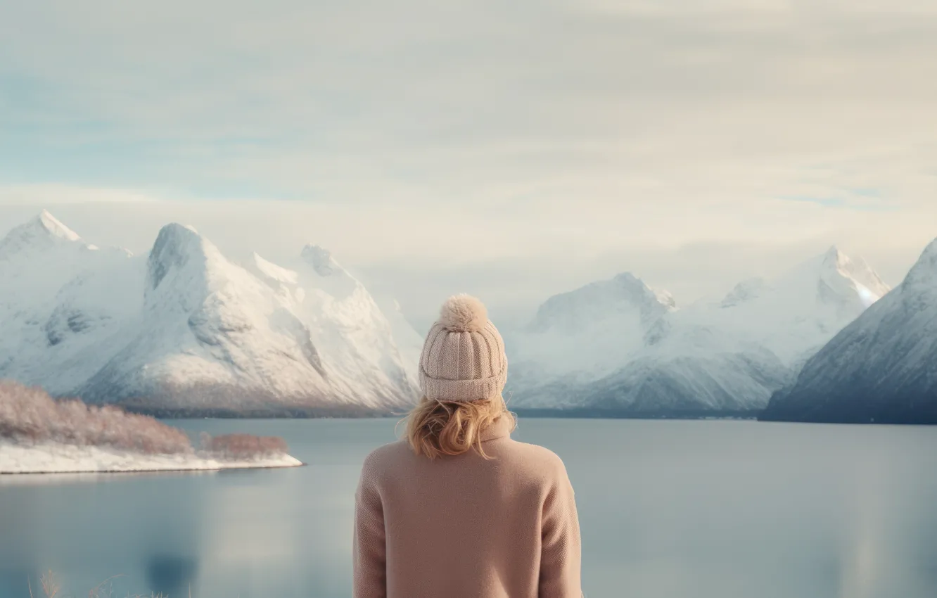 Photo wallpaper cold, winter, girl, snow, mountains, nature, back, view