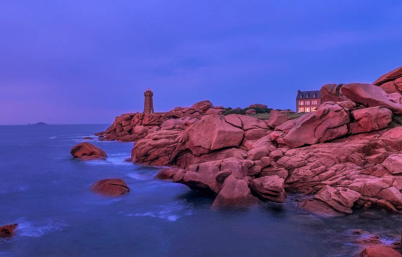 Photo wallpaper stones, rocks, coast, lighthouse, house