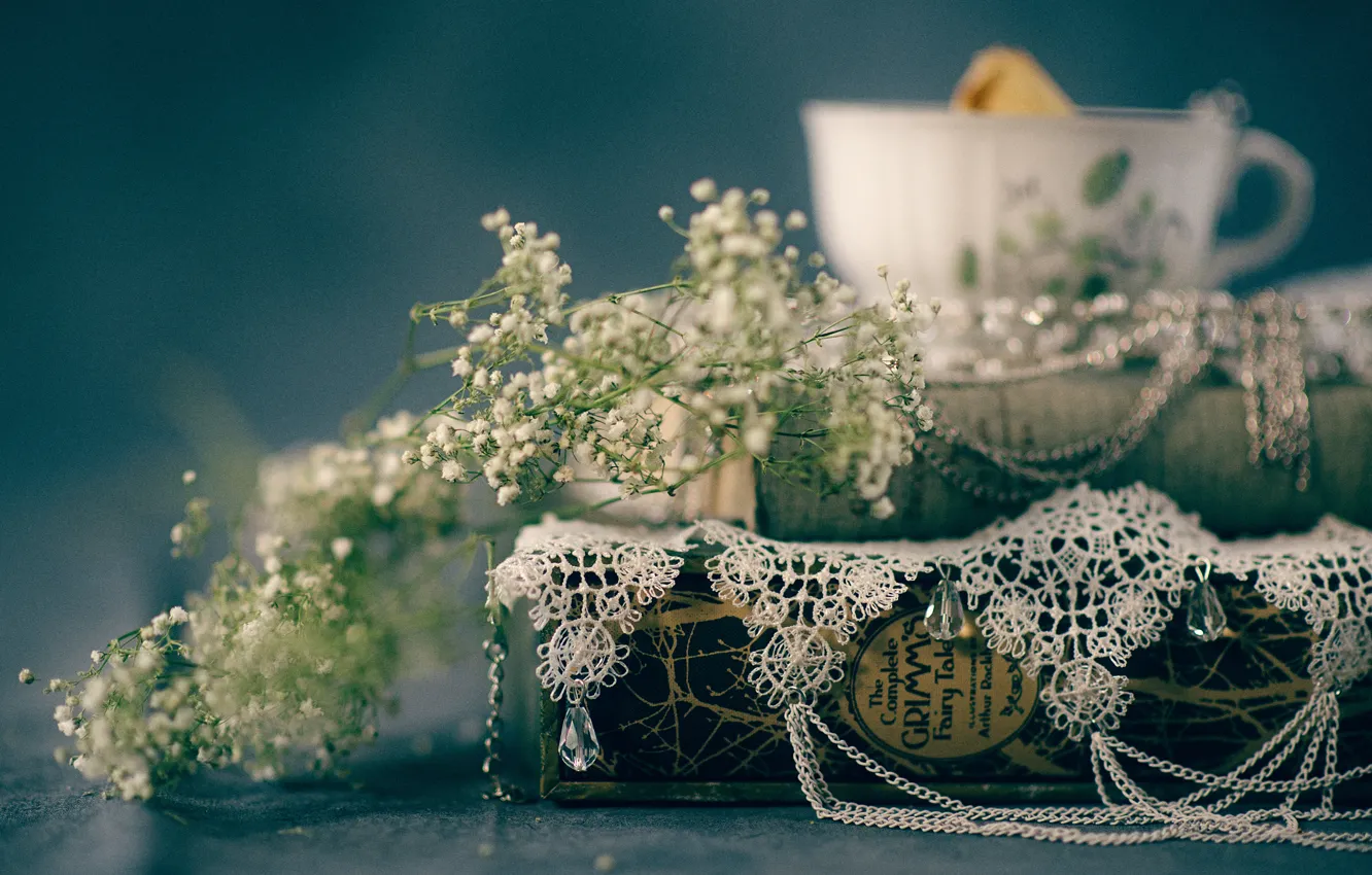 Photo wallpaper book, lace, flowers, bokeh, tales