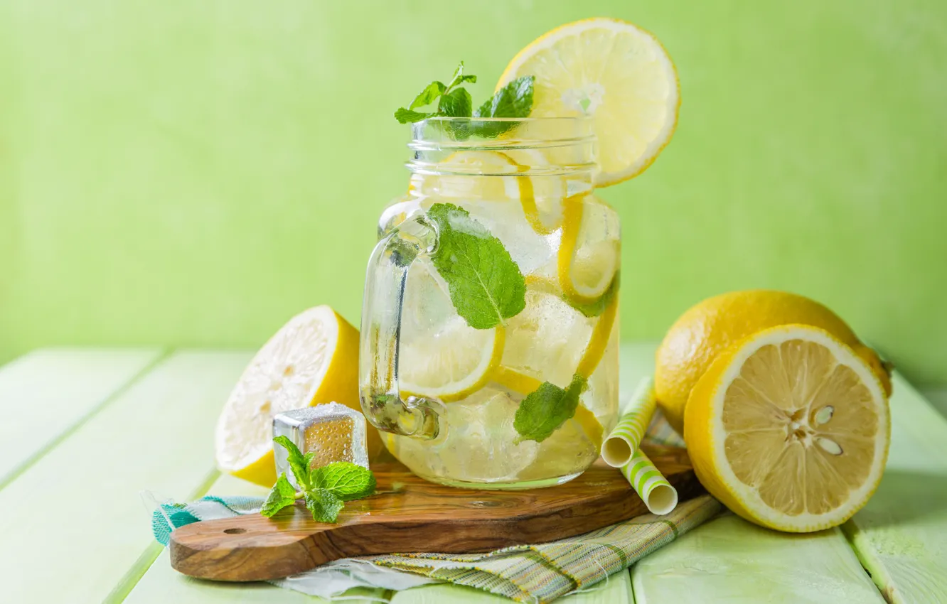 Photo wallpaper ice, mug, drink, mint, lemons, tube, lemonade