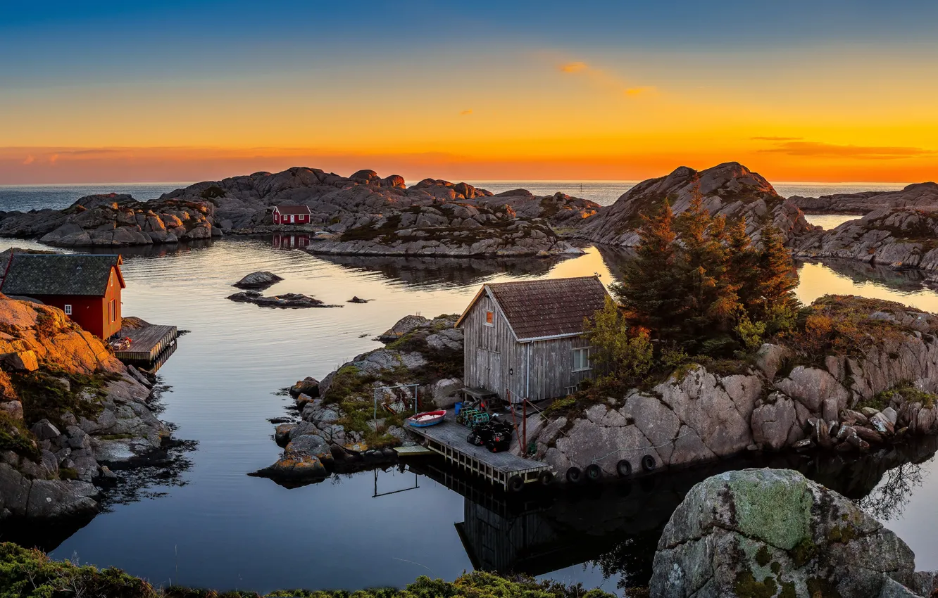 Photo wallpaper sea, the sky, sunset, stones, shore, horizon, Norway, house