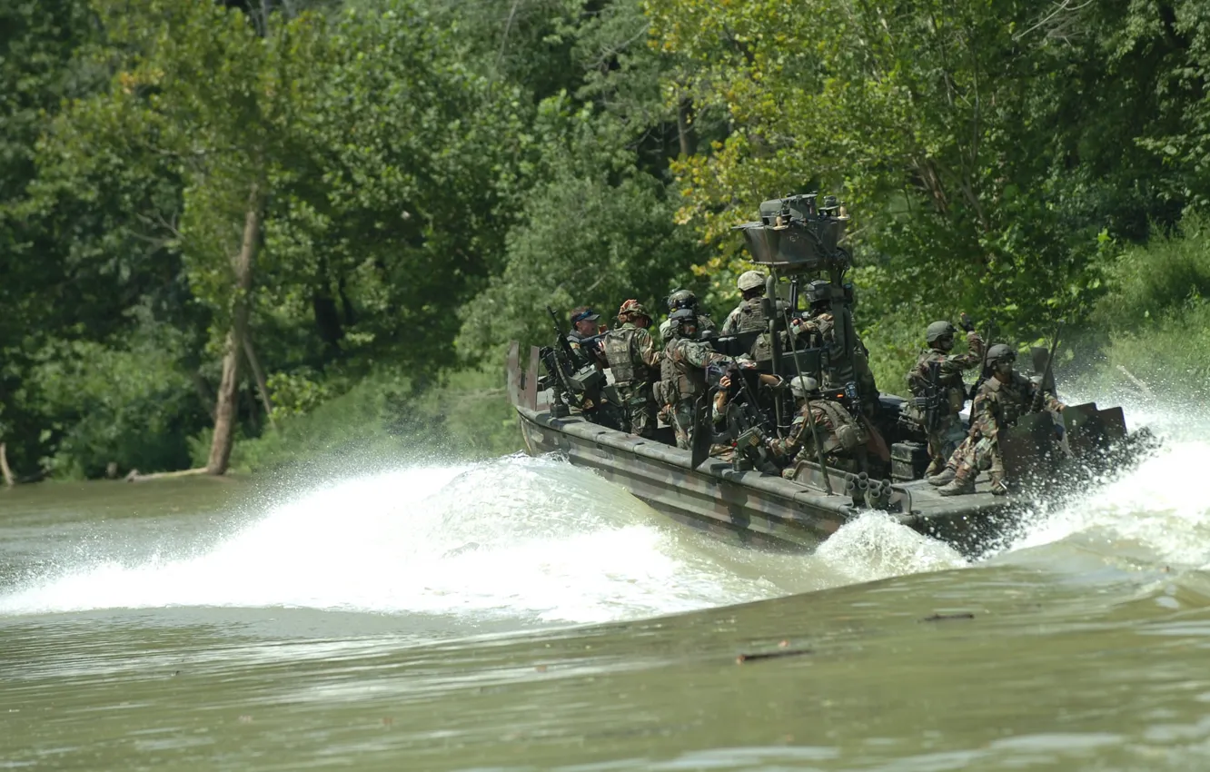 Photo wallpaper wave, nature, river, soldiers, equipment, fighting boat, SBT-22