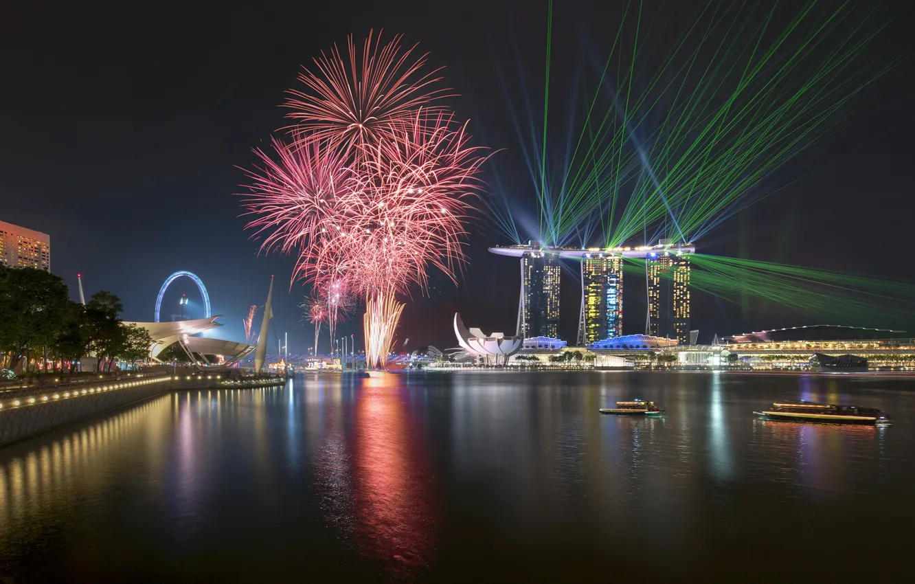 Photo wallpaper lights, lights, skyscrapers, salute, Singapore, architecture, megapolis, blue