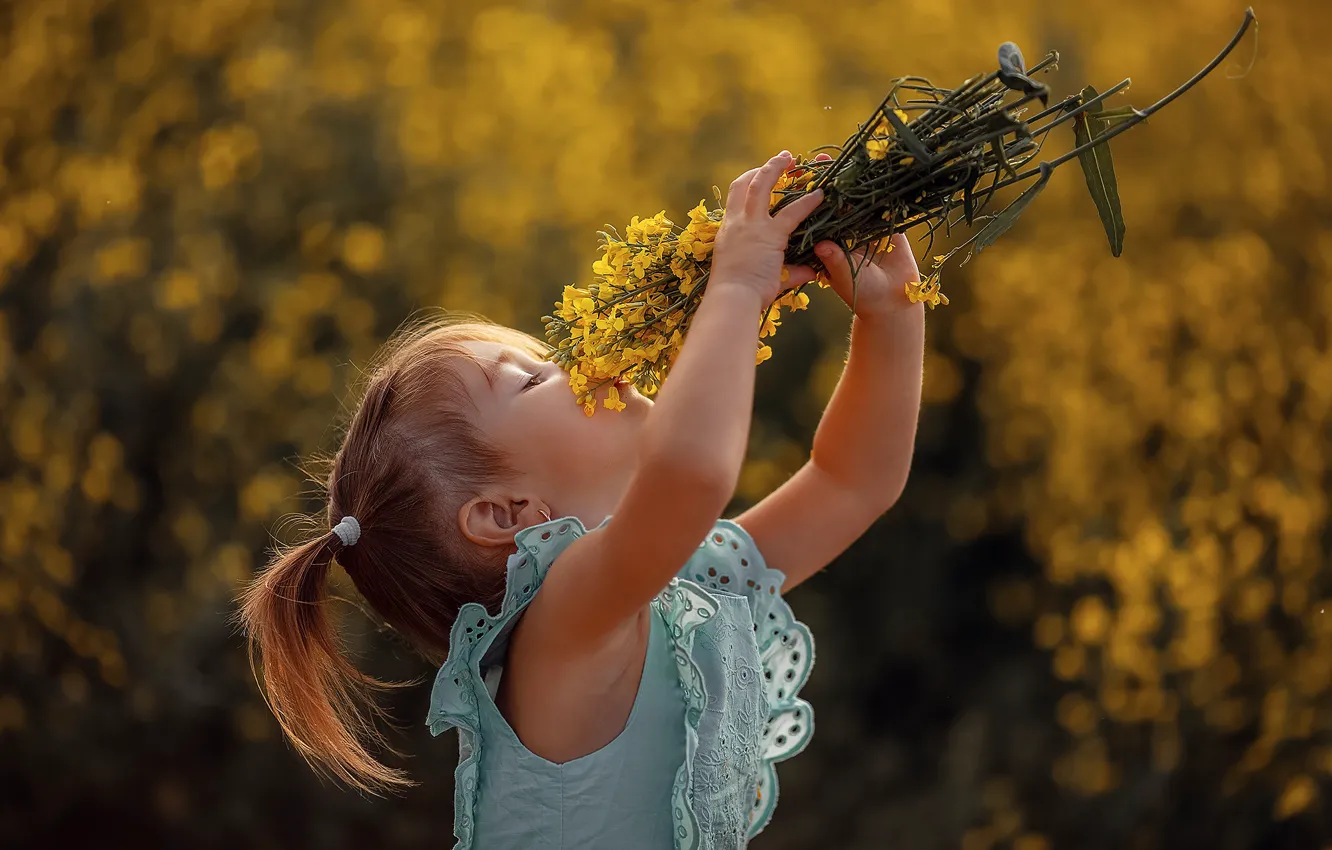 Photo wallpaper summer, flowers, nature, children, dress, girl, baby, a bunch