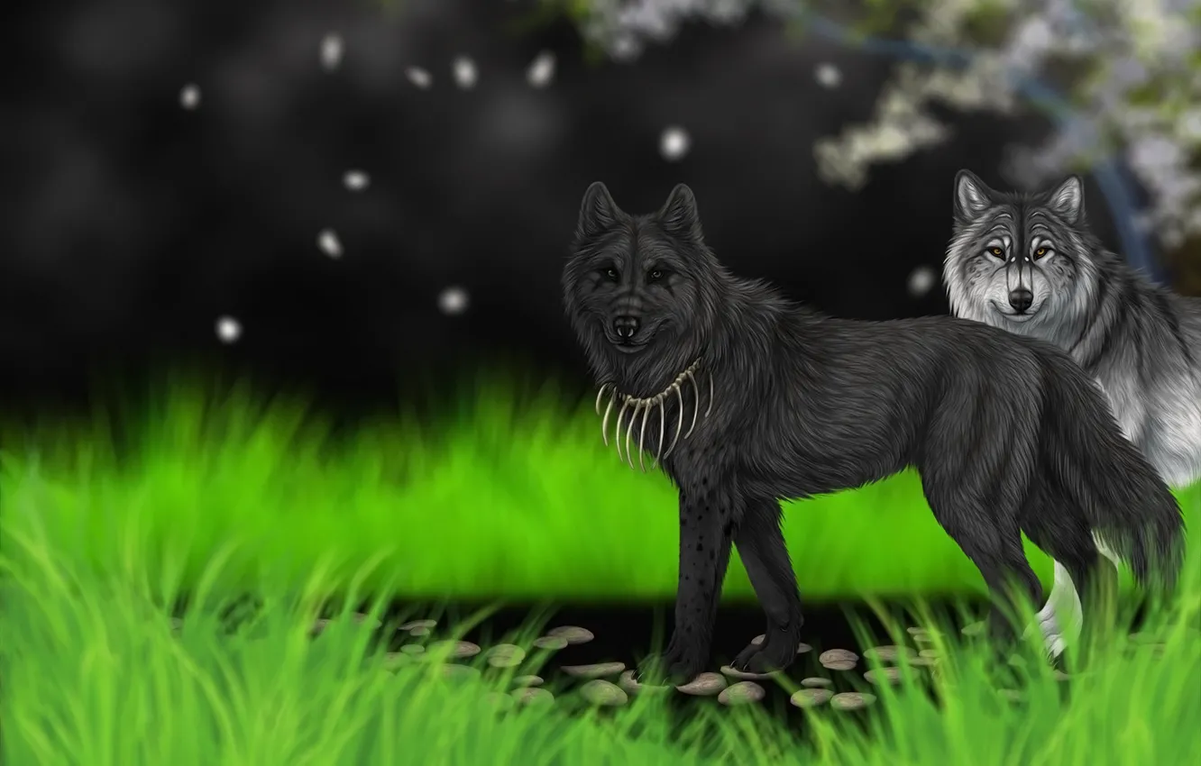 Photo wallpaper grass, background, art, wolves