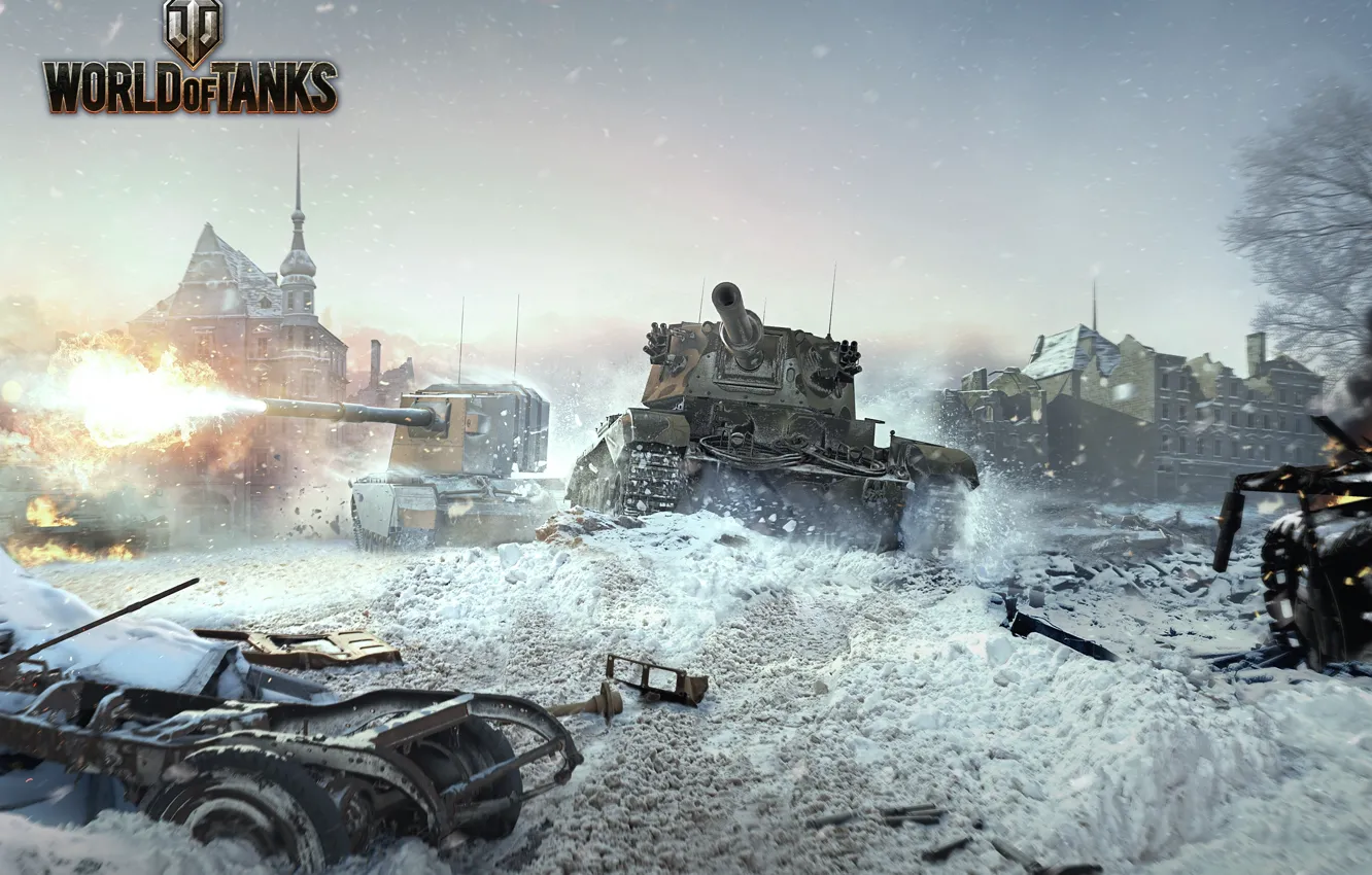 Photo wallpaper winter, destruction, tanks, World of tanks, World of Tanks