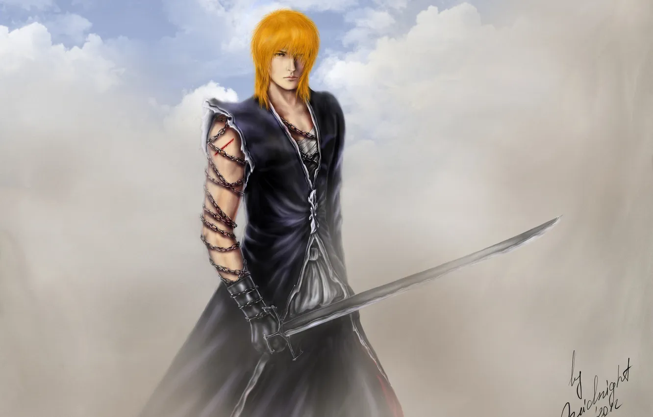 Photo wallpaper look, weapons, dust, sword, chain, guy, Bleach, Bleach