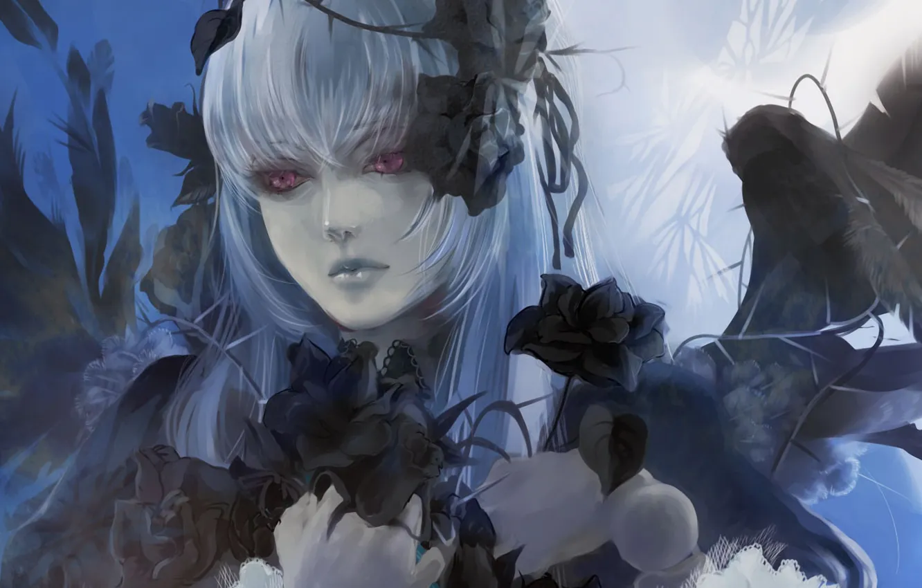 Photo wallpaper girl, flowers, wings, art, rozen maiden, suigintou