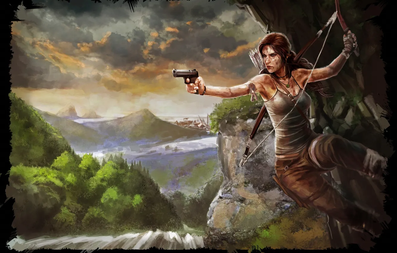 Photo wallpaper girl, gun, bow, art, Tomb Raider, Lara Croft, Lara Croft