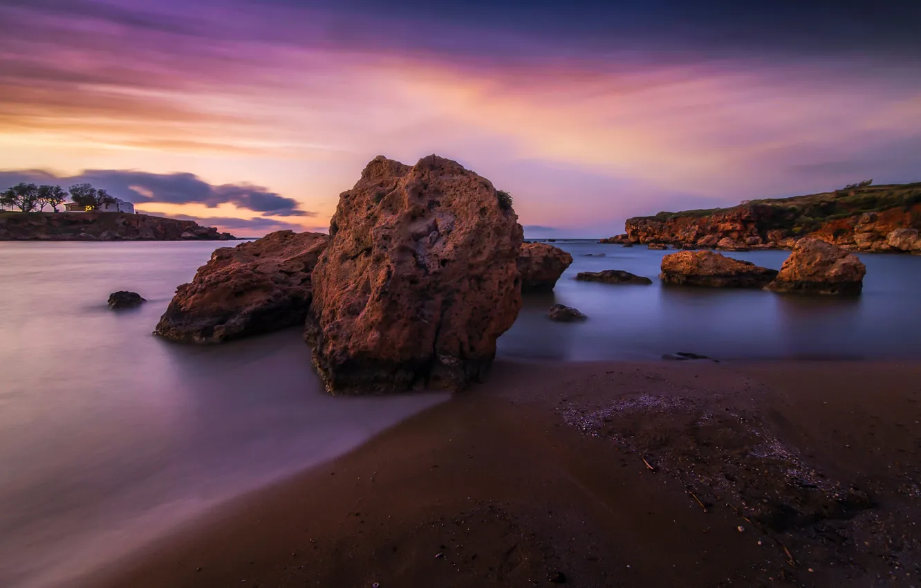 Photo wallpaper sea, stones, rocks, dawn, coast
