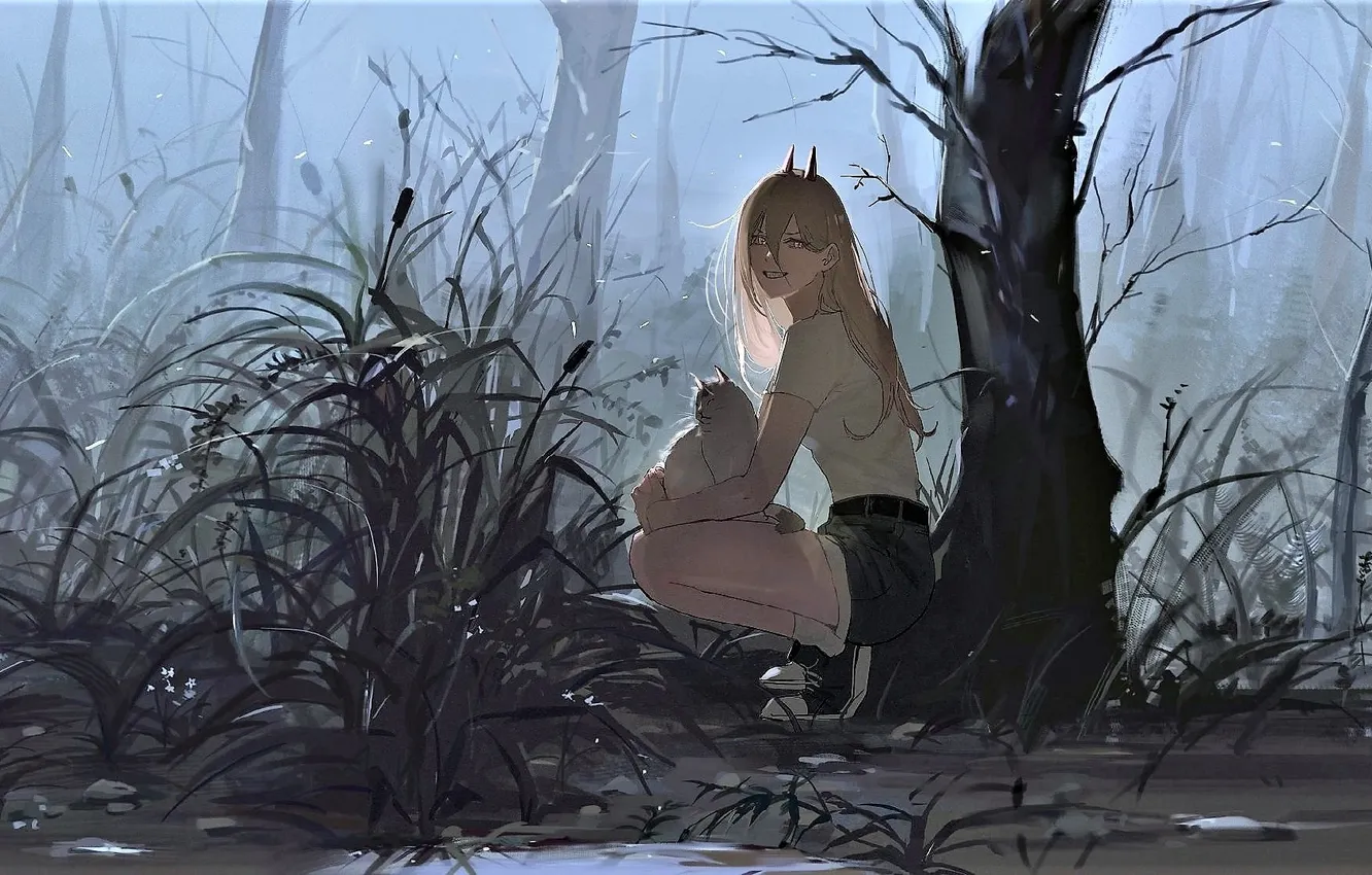 Photo wallpaper monster, marshland, Horny, a dry tree, fog in the forest, Chainsaw Man, Chainsaw Man, Power …