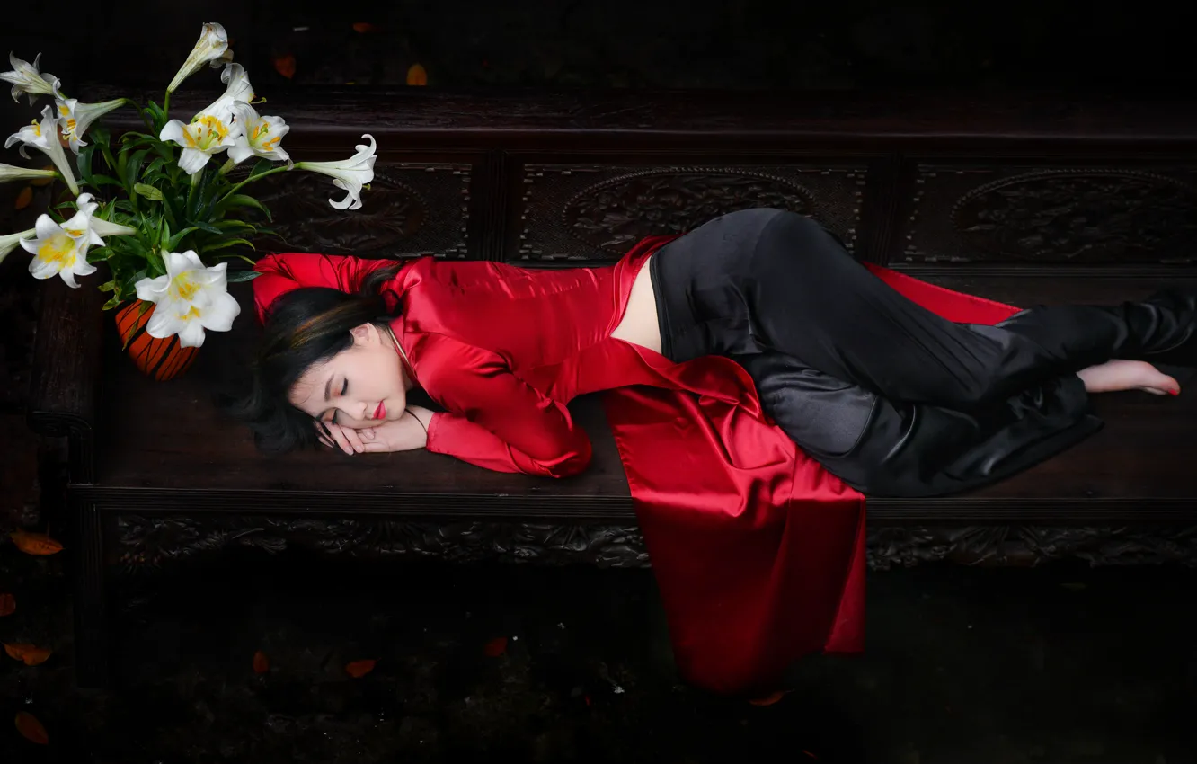 Photo wallpaper girl, bench, stay, lies