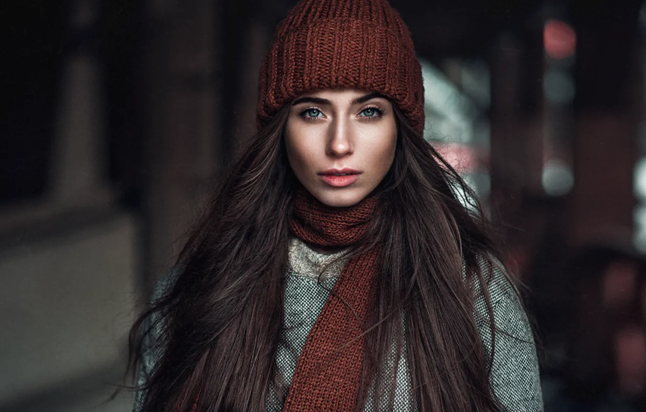 Photo wallpaper look, girl, face, hat, portrait, makeup, scarf, brown hair