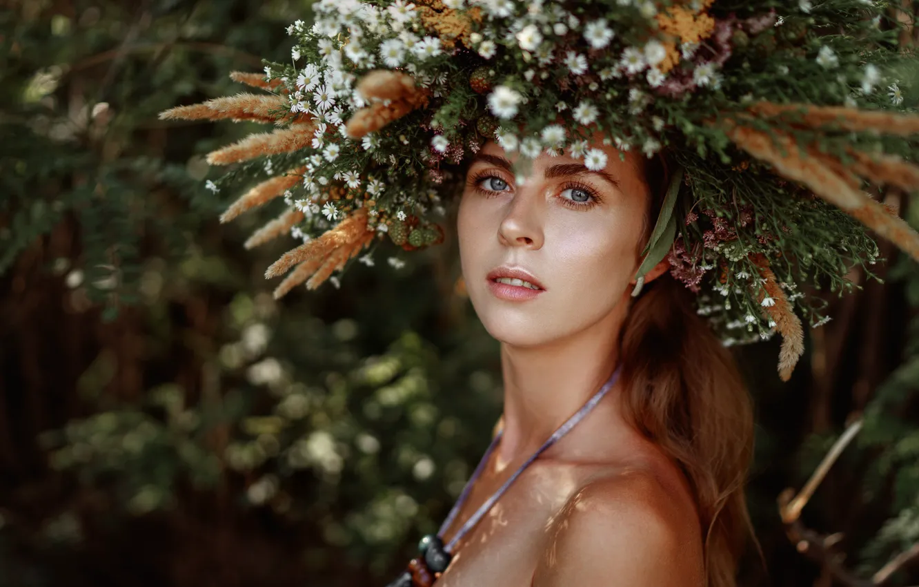 Photo wallpaper look, girl, flowers, face, portrait, wreath, Dmitry Usmanov