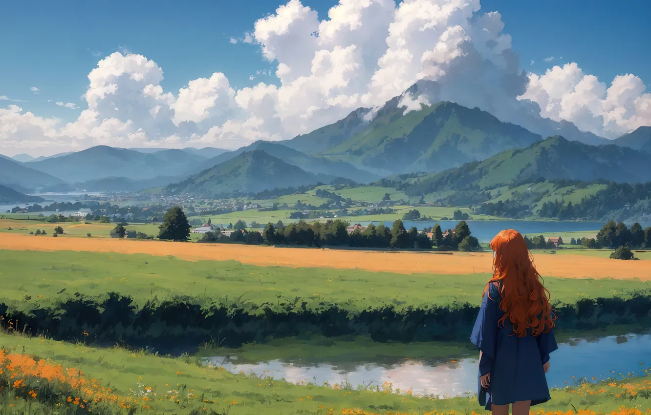 Photo wallpaper girl, sky, landscape, nature, art, lake, fields, painting